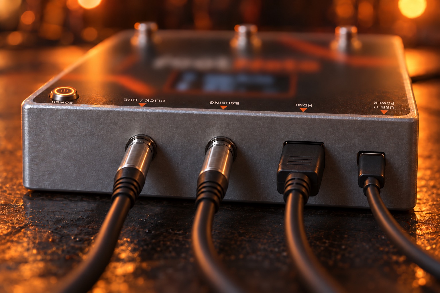 The back of the FootNote pedal with power, click and cue, backing, HDMI and USB-C connections plugged in.