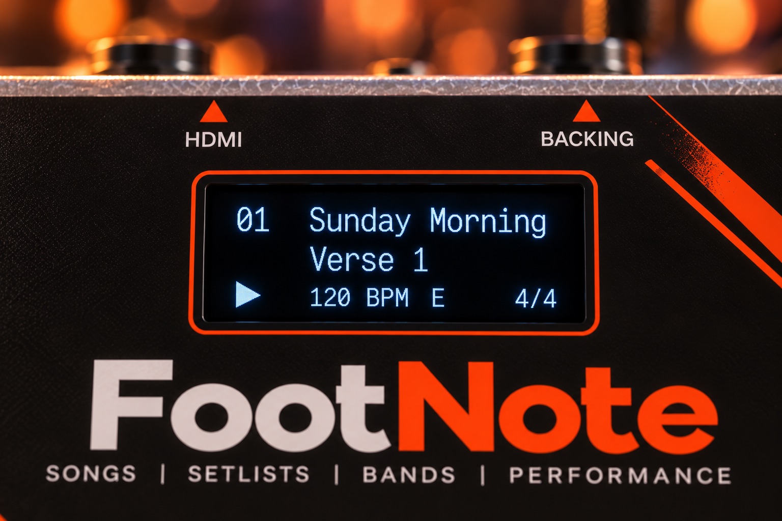 Close-up of the FootNote display showing the song title, section and tempo.