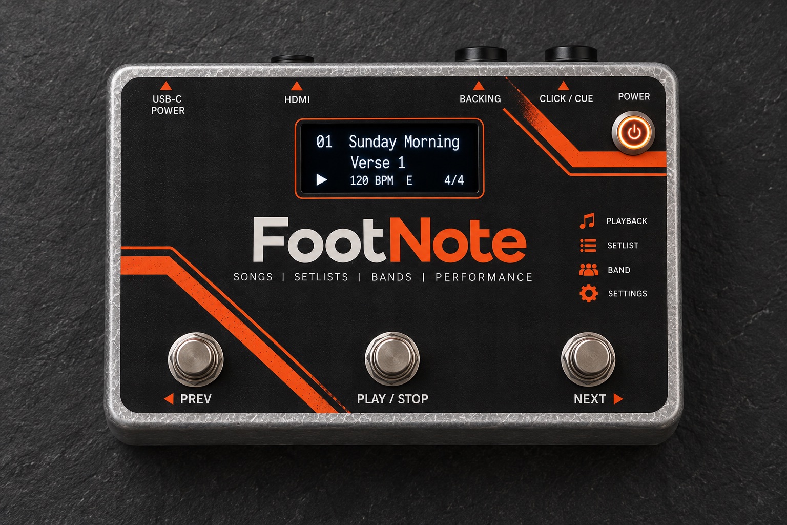 The FootNote pedal seen from above: three footswitches, a status display and a power button.